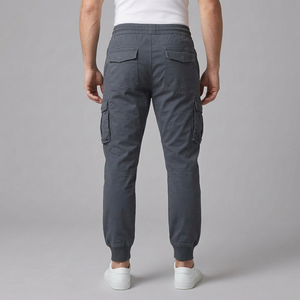 Men's Cargo Pants | Elasticated Waist Drawstring Pockets Blue Grey back view