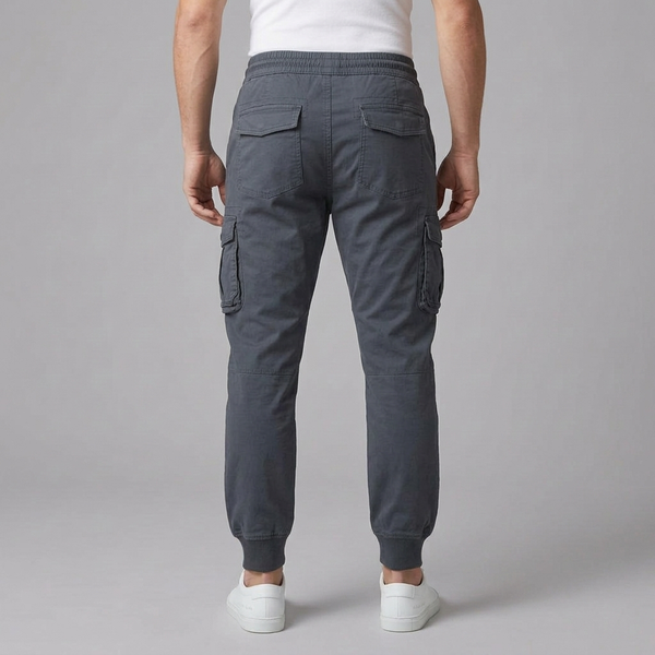 Men's Cargo Pants | Elasticated Waist Drawstring Pockets Blue Grey back view