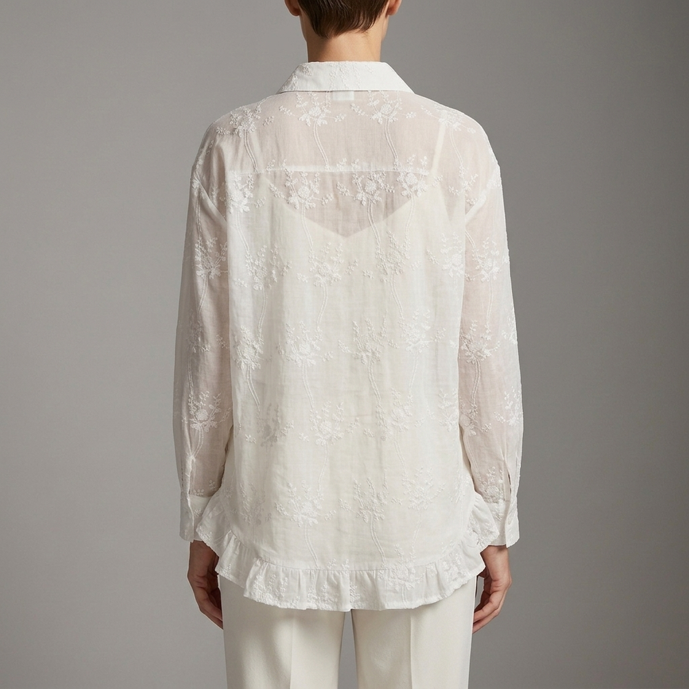 Women's White Shirt | Embroidered Button Front Long Sleeve White front view