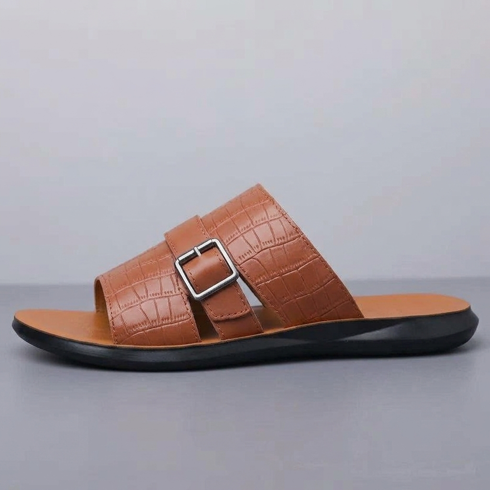 Sandals For Men | Crocodile Embossed Buckle Slide Brown three-quarter front view