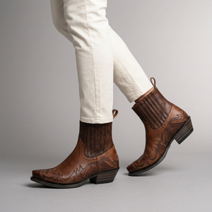Boots For Men | Leather Western Ankle Chelsea Brown worn side view sole
