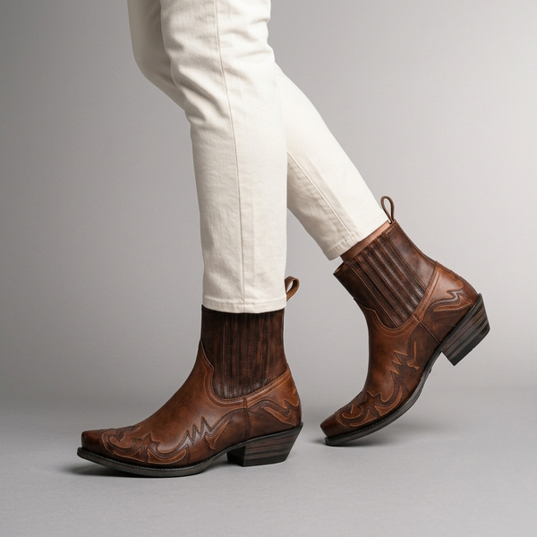 Boots For Men | Leather Western Ankle Chelsea Brown worn side view sole