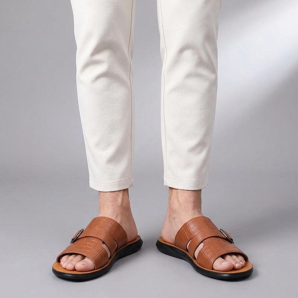 Sandals For Men | Crocodile Embossed Buckle Slide Brown three-quarter front view