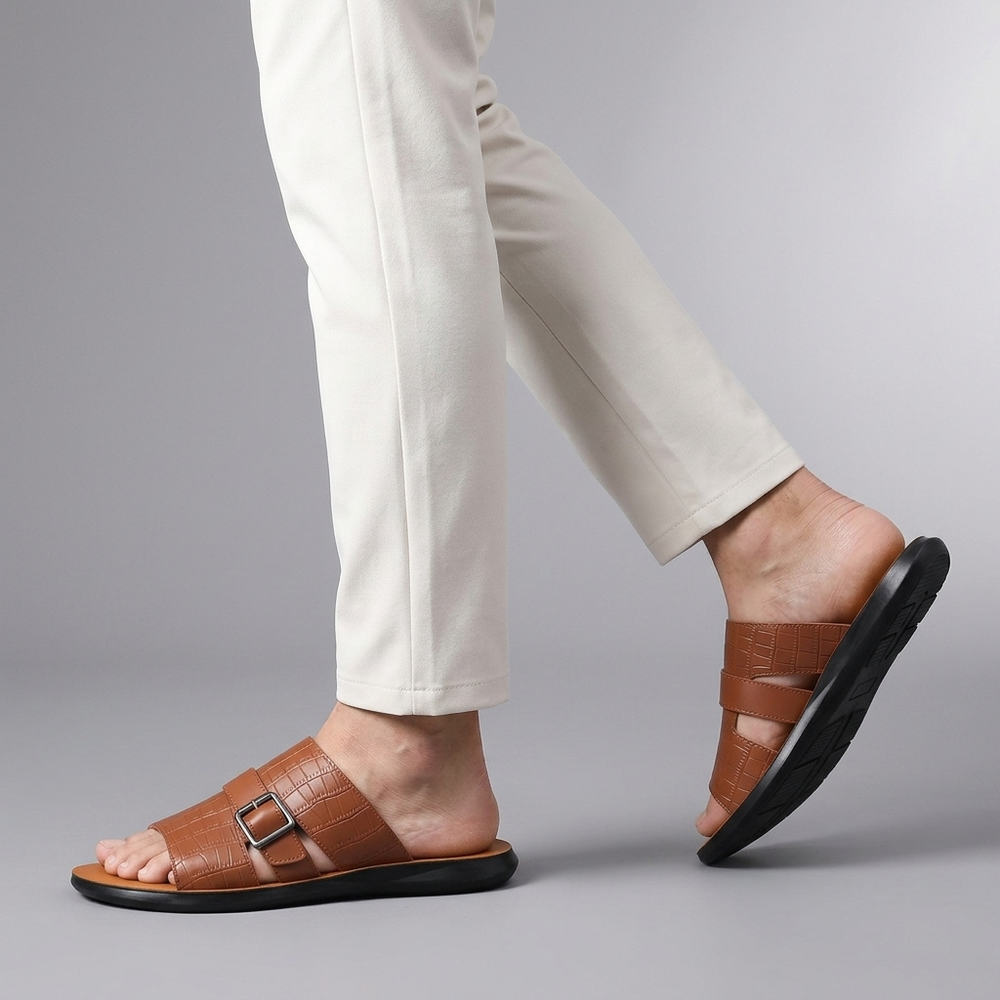 Sandals For Men | Crocodile Embossed Buckle Slide Brown three-quarter front view
