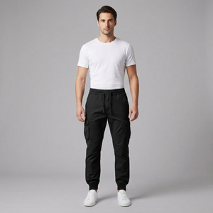 Men's Cargo Pants | Elasticated Waist Drawstring Pockets Black front view
