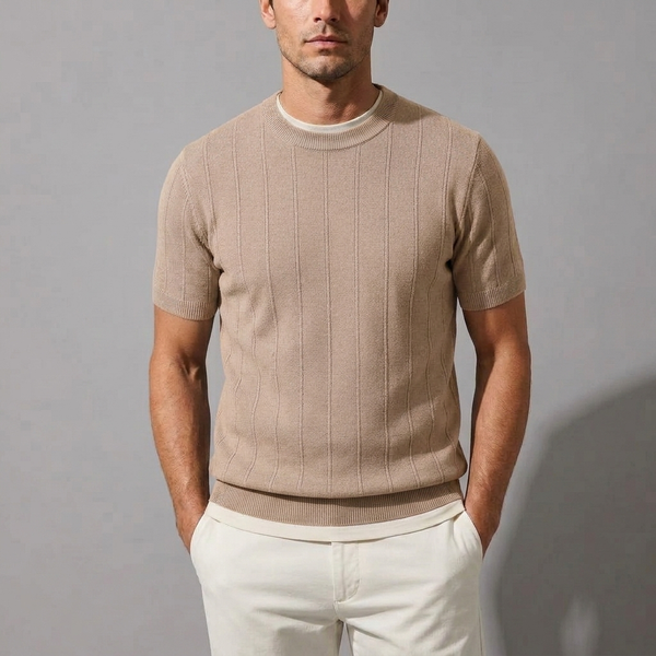 Men's Shirts | Knit Short Sleeve Crew Neck Beige front view
