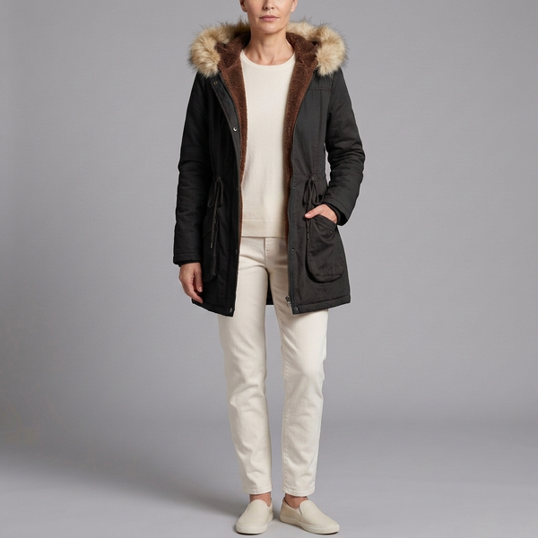Women's Parka Coat | Fur Hooded Lined Winter Parka Black front view