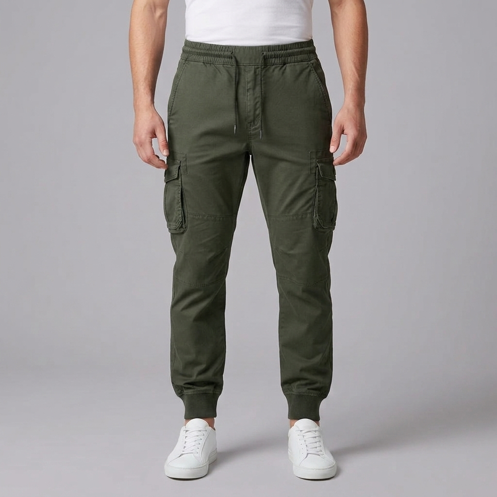Men's Cargo Pants | Elasticated Waist Drawstring Pockets Blue Grey front view