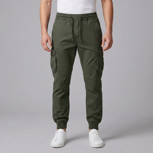 Men's Cargo Pants | Elasticated Waist Drawstring Pockets Dark Green front view
