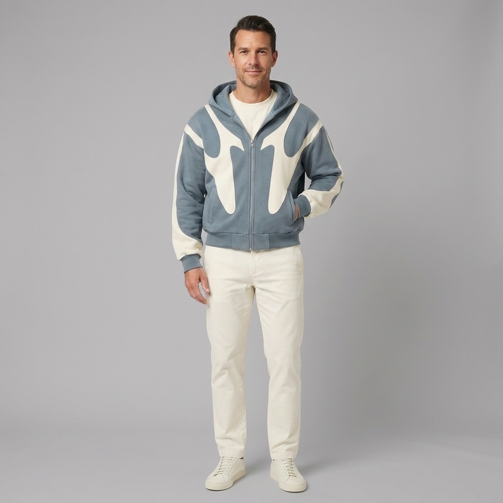 Men's Hoodie | Full-Zip Contrast Panel Oversized Blue front view