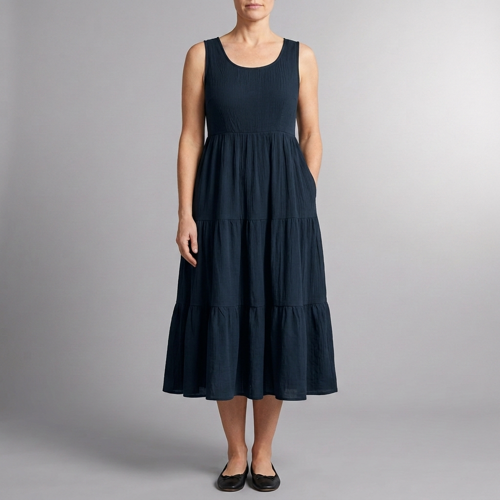Women's Smart Dress | Midi Sleeveless Tiered Black front view