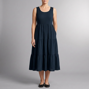 Women's Smart Dress | Midi Sleeveless Tiered navy blue front view