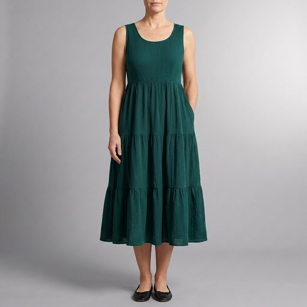 Women's Smart Dress | Midi Sleeveless Tiered Black front view
