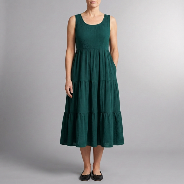 Women's Smart Dress | Midi Sleeveless Tiered green front view
