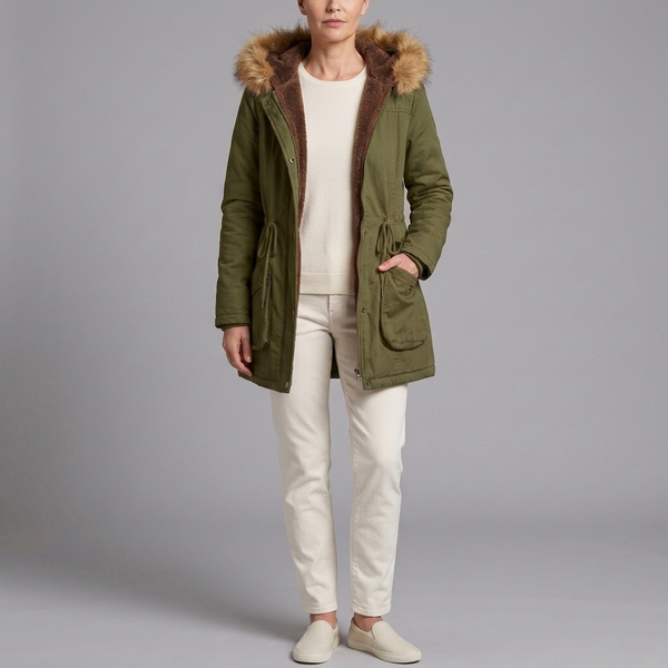 Women's Parka Coat | Fur Hooded Lined Winter Parka Army Green front view