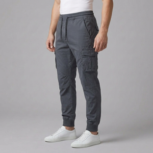 Men's Cargo Pants | Elasticated Waist Drawstring Pockets Blue Grey side view