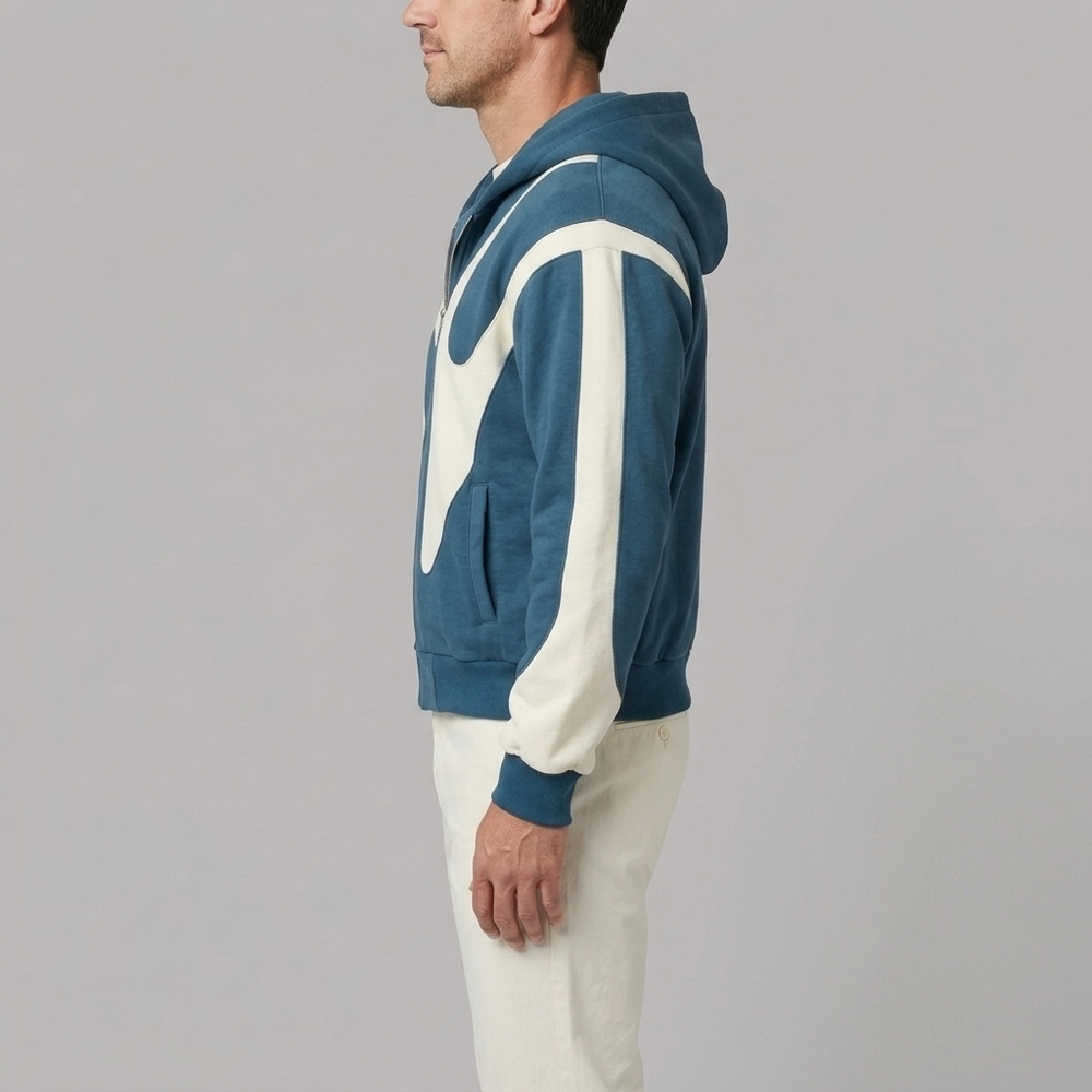 Men's Hoodie | Full-Zip Contrast Panel Oversized Blue front view