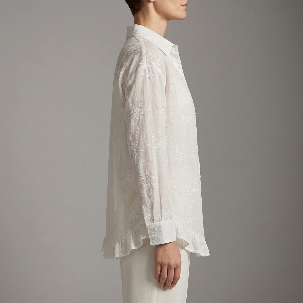 Women's White Shirt | Embroidered Button Front Long Sleeve White front view