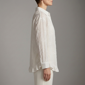 Women's White Shirt | Embroidered Button Front Long Sleeve White side view