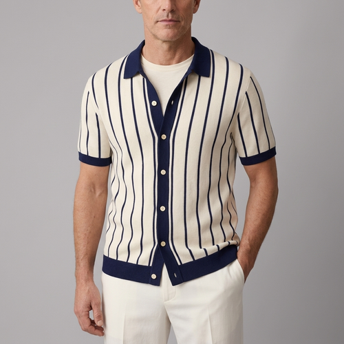 Men's Polo Shirt | Striped Knit Short Sleeve Navy front view