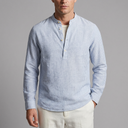 Men's Button Shirt | Striped Band Collar Linen Long Sleeve Blue front view