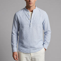 Men's Button Shirt | Striped Band Collar Linen Long Sleeve Blue front view
