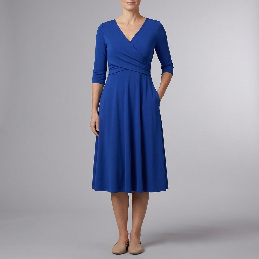 Women's Casual Dress | Midi Wrap V-Neck Short Sleeve Navy Blue front view