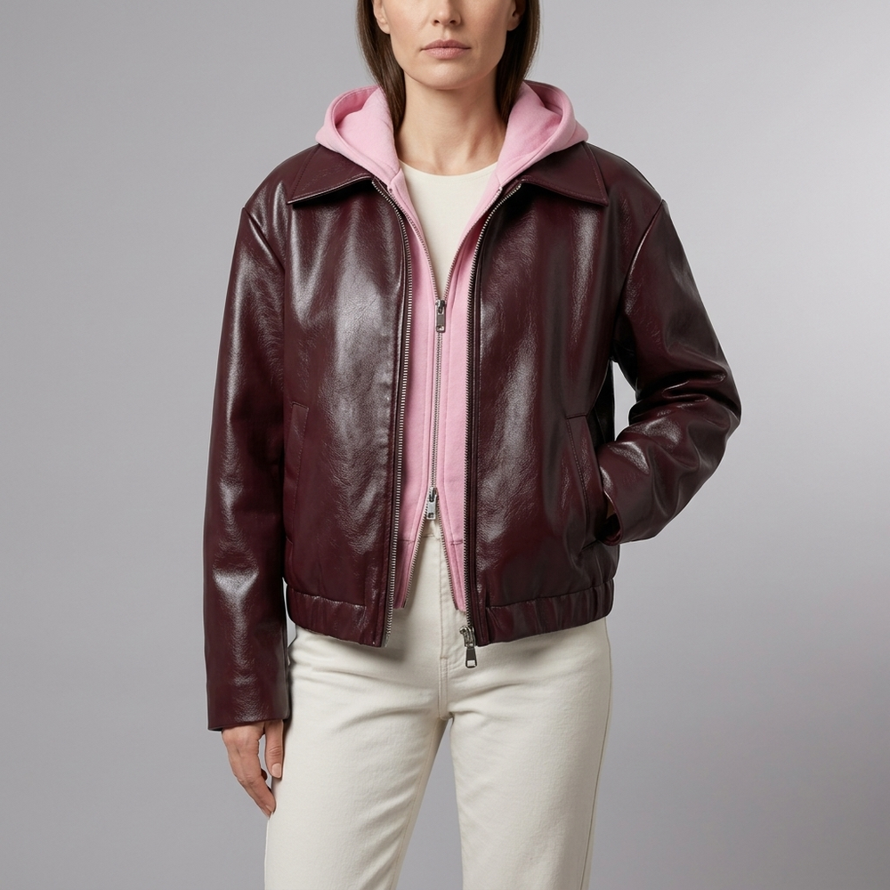 Women's Leather Jacket | Burgundy Bomber Cropped Zip front view