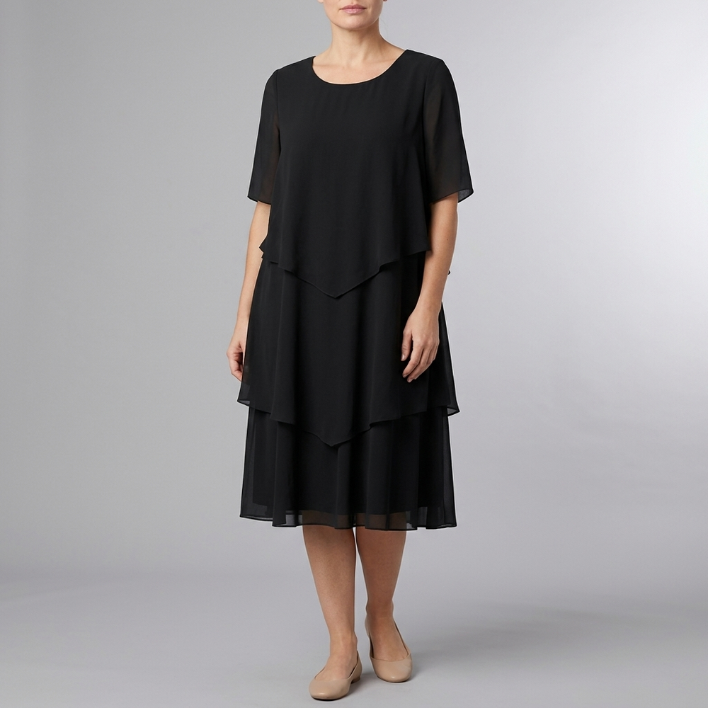 Women's Semi Formal Dress | Midi Chiffon Layered Black front view