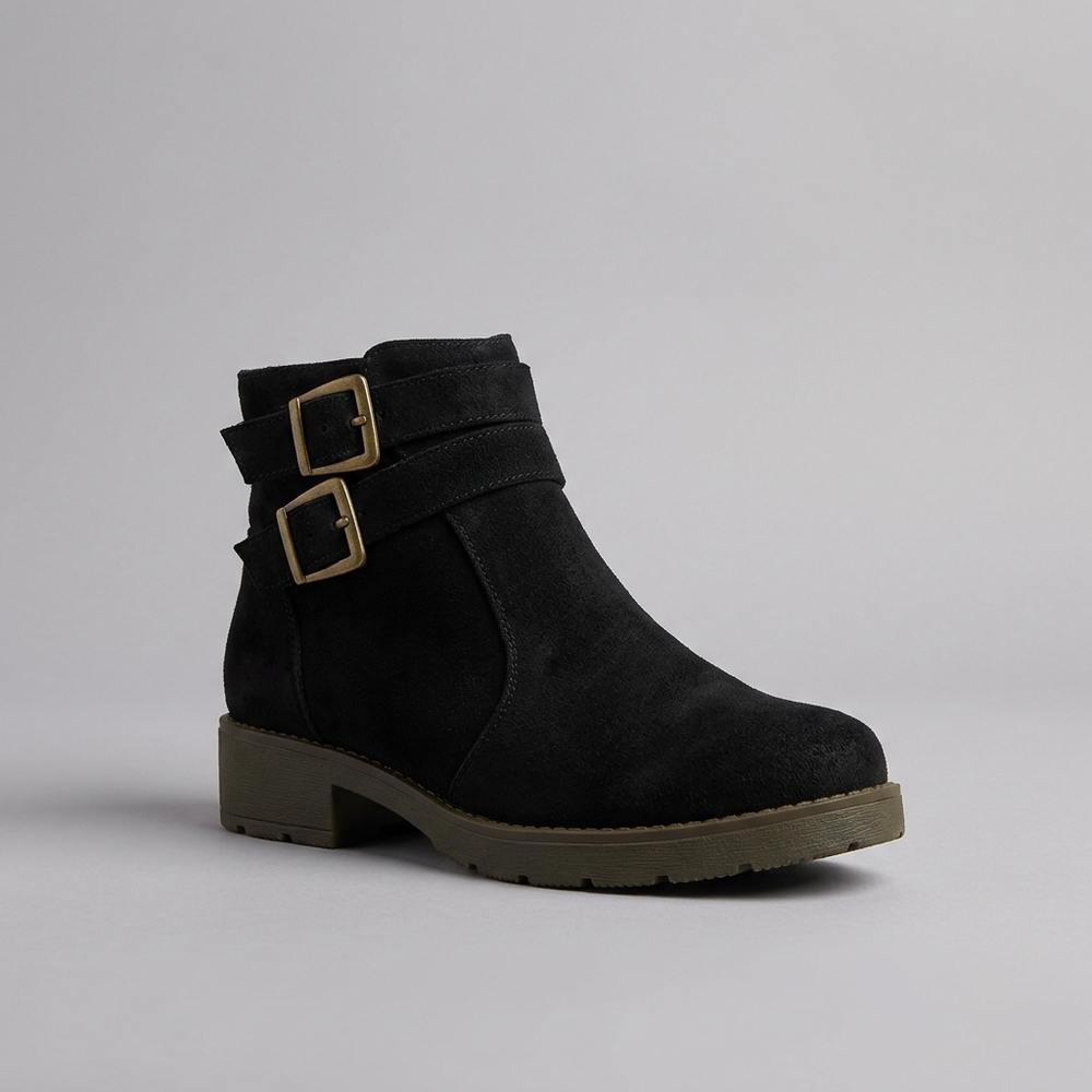 Boots For Women | Double Buckle Ankle Flat Black three-quarter front view