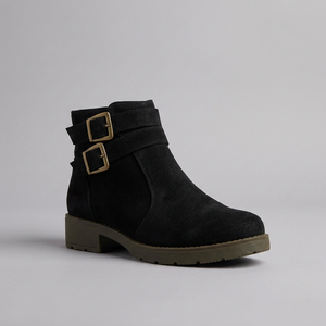 Boots For Women | Double Buckle Ankle Flat Black three-quarter front view