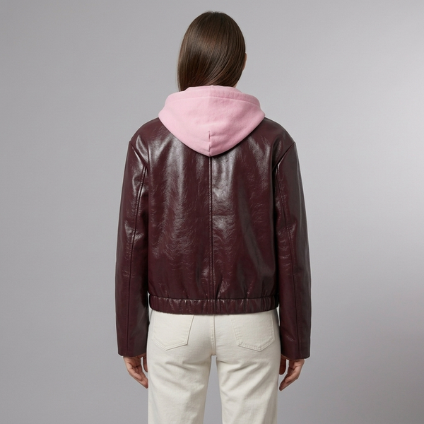 Women's Leather Jacket | Burgundy Bomber Cropped Zip back view