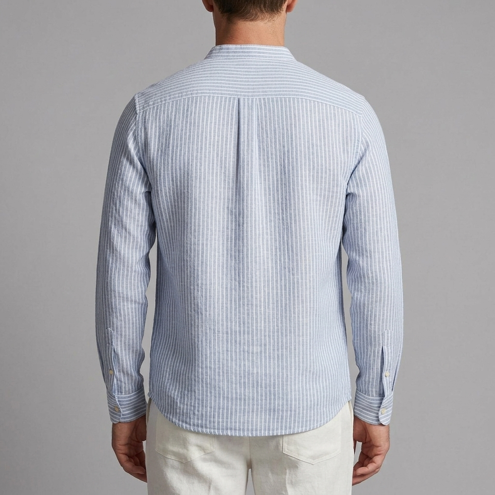 Men's Button Shirt | Striped Band Collar Linen Long Sleeve Blue front view
