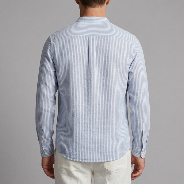 Men's Button Shirt | Striped Band Collar Linen Long Sleeve Blue back view