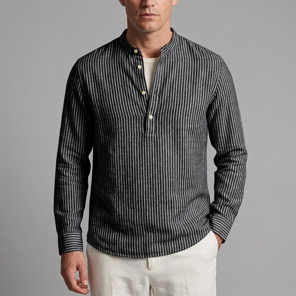 Men's Button Shirt | Striped Band Collar Linen Long Sleeve Blue front view