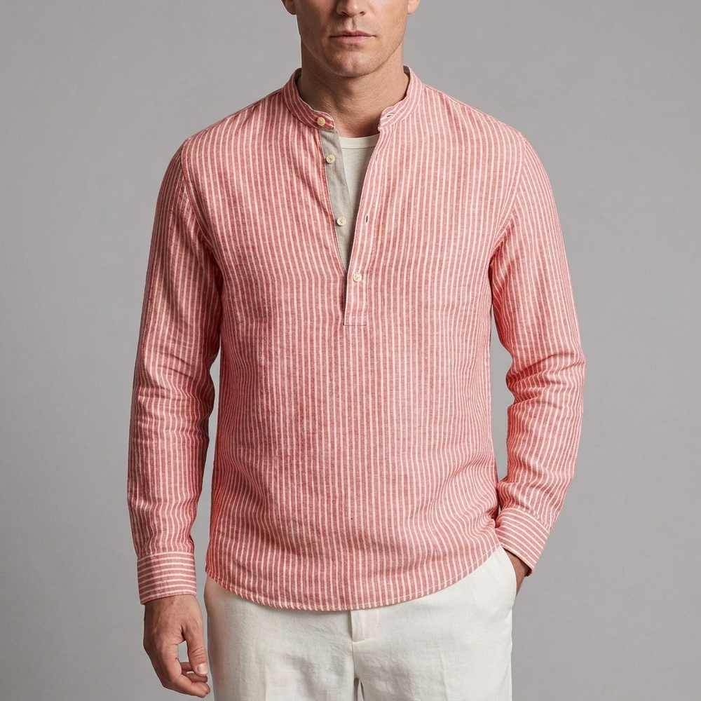 Men's Button Shirt | Striped Band Collar Linen Long Sleeve Blue front view