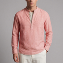 Men's Button Shirt | Striped Band Collar Linen Long Sleeve Red front view