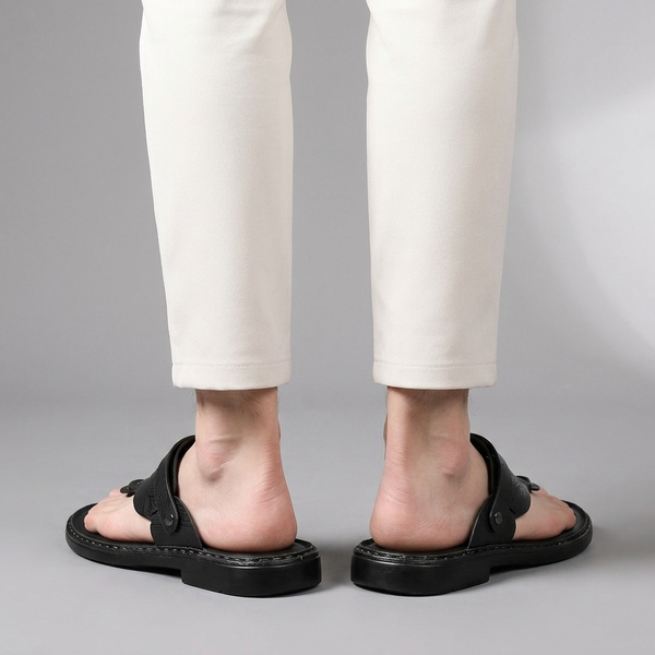 Sandals For Men | Thong Toe Buckle Slingback Black worn back view