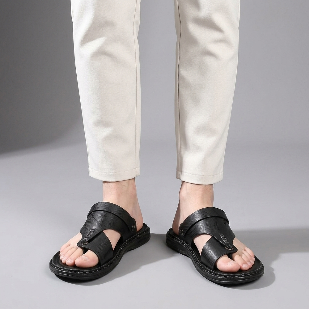 Sandals For Men | Thong Toe Buckle Slingback Black three-quarter front view