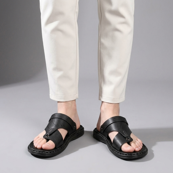 Sandals For Men | Thong Toe Buckle Slingback Black worn front view