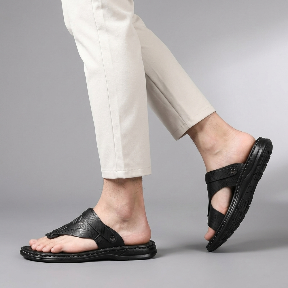 Sandals For Men | Thong Toe Buckle Slingback Black three-quarter front view