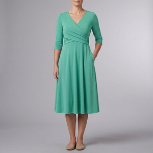 Women's Casual Dress | Midi Wrap V-Neck Short Sleeve Green front view