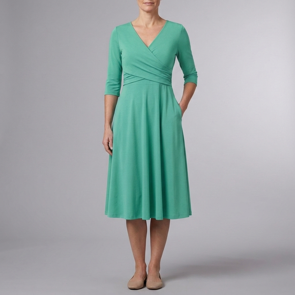 Women's Casual Dress | Midi Wrap V-Neck Short Sleeve Green front view