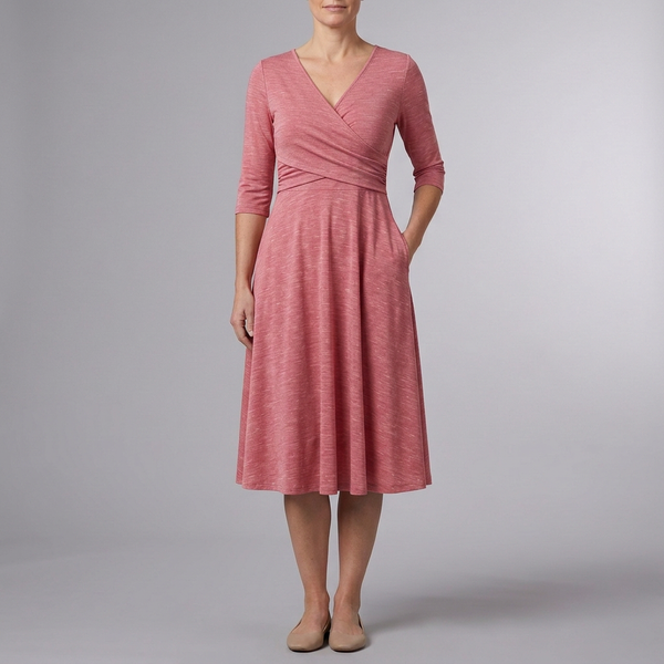 Women's Casual Dress | Midi Wrap V-Neck Short Sleeve Pink front view
