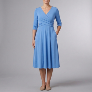 Women's Casual Dress | Midi Wrap V-Neck Short Sleeve Light Blue front view
