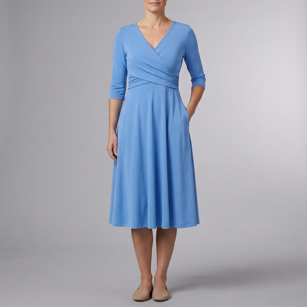 Women's Casual Dress | Midi Wrap V-Neck Short Sleeve Light Blue front view
