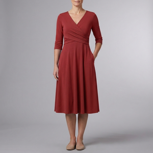 Women's Casual Dress | Midi Wrap V-Neck Short Sleeve Red front view
