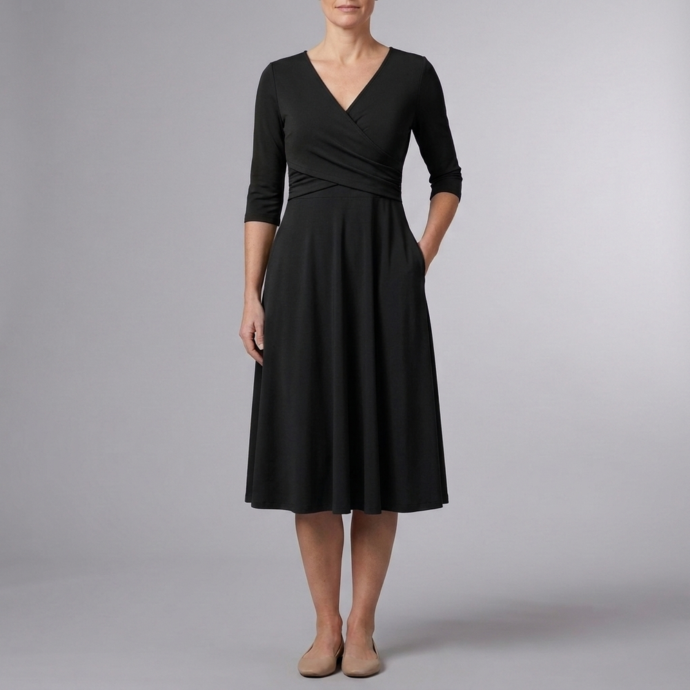 Women's Casual Dress | Midi Wrap V-Neck Short Sleeve Navy Blue front view