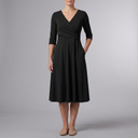 Women's Casual Dress | Midi Wrap V-Neck Short Sleeve Black front view