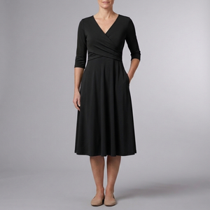 Women's Casual Dress | Midi Wrap V-Neck Short Sleeve Black front view